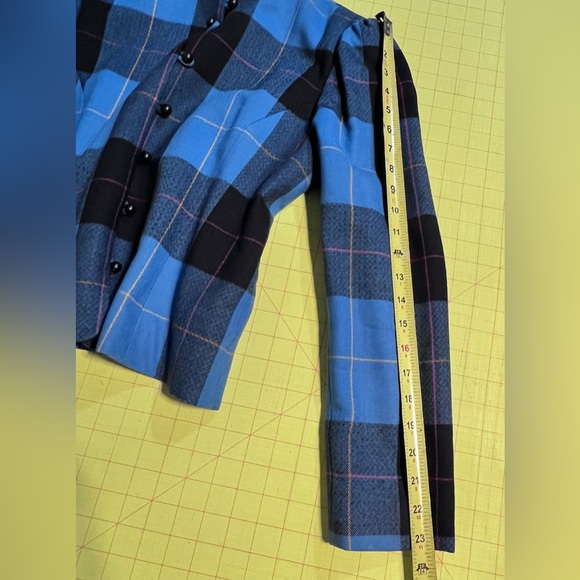 VINTAGE 80s wool tartan plaid blazer jacket button front collarless tailored 90s - Picture 10 of 12